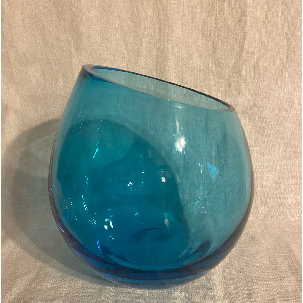 LSA Intl Peacock Blue Blown Glass Vase With Slanted Rim Made in Poland
